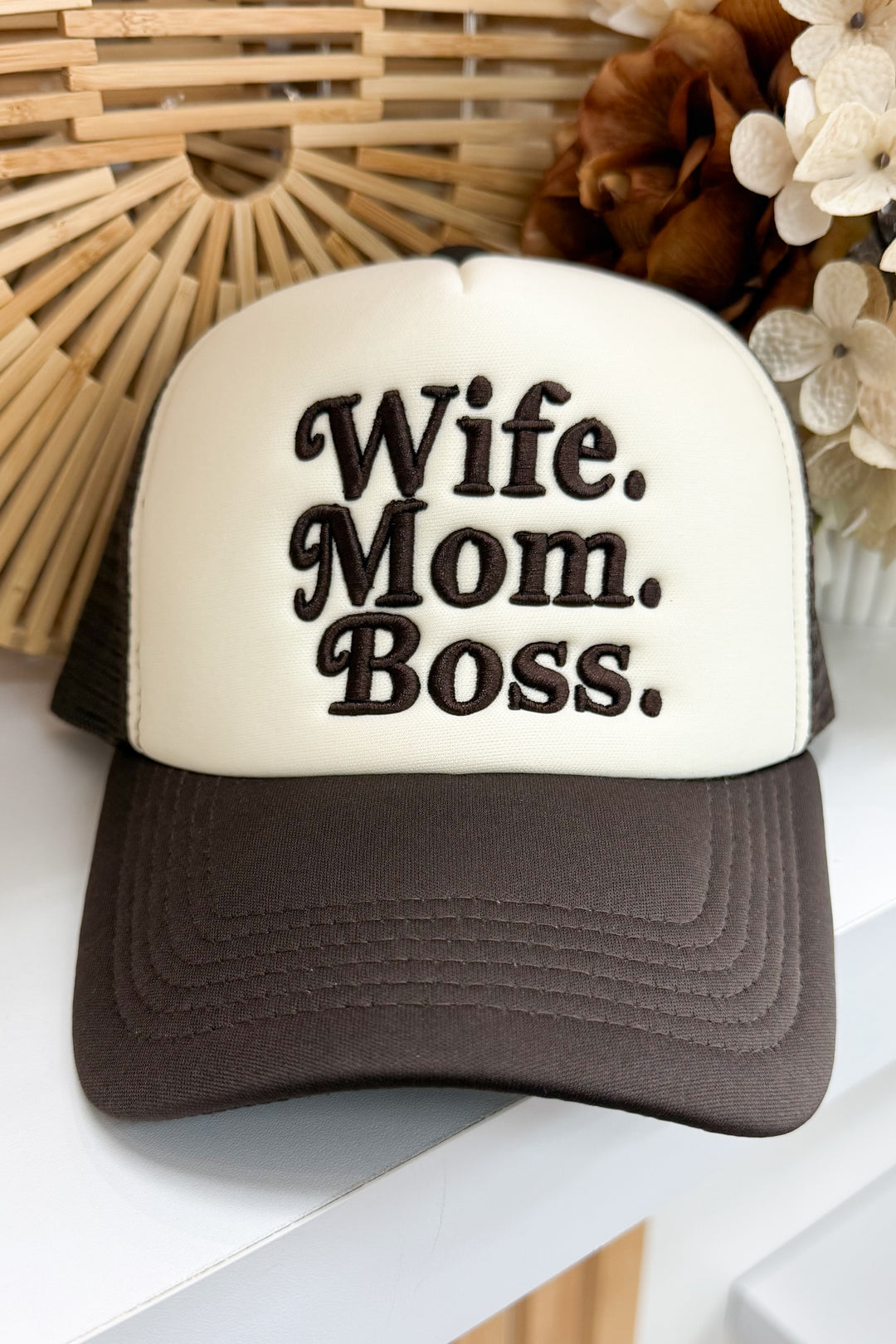 Wife. Mom. Boss. Trucker Hat (Brown)