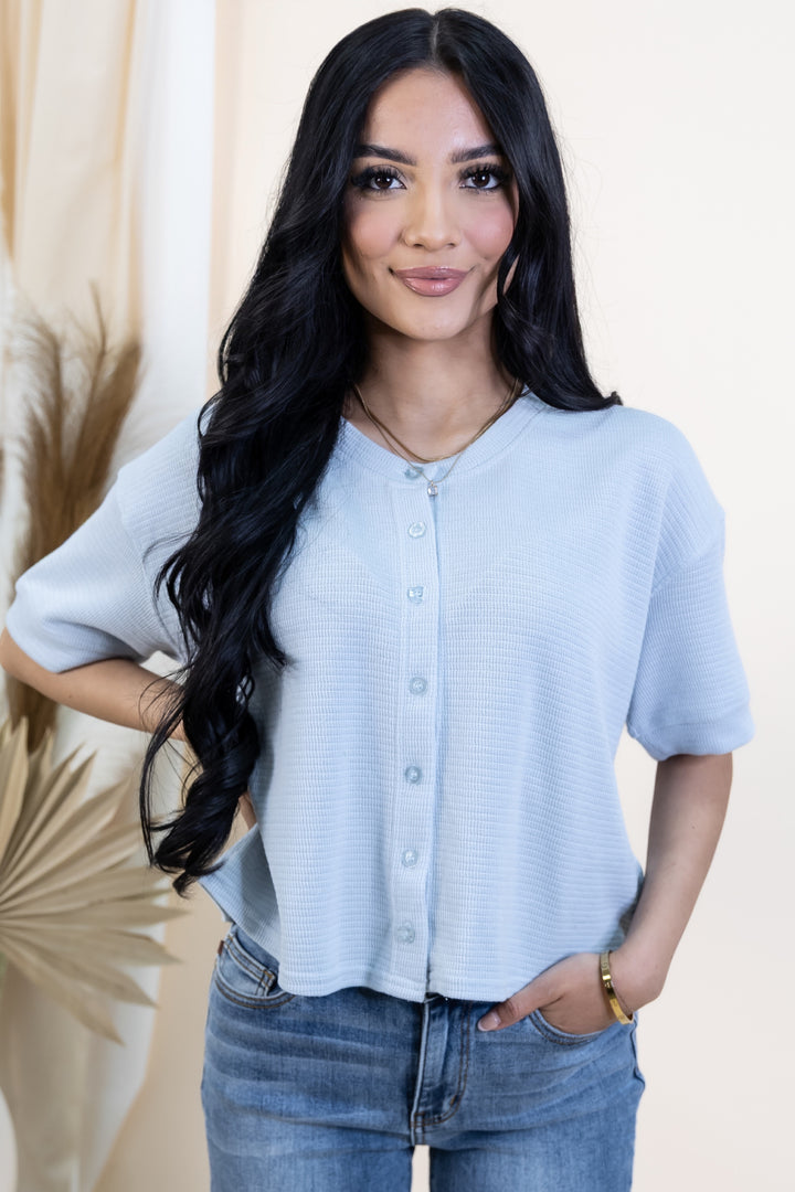 "Buttoned Beauty" Top (Light Blue)