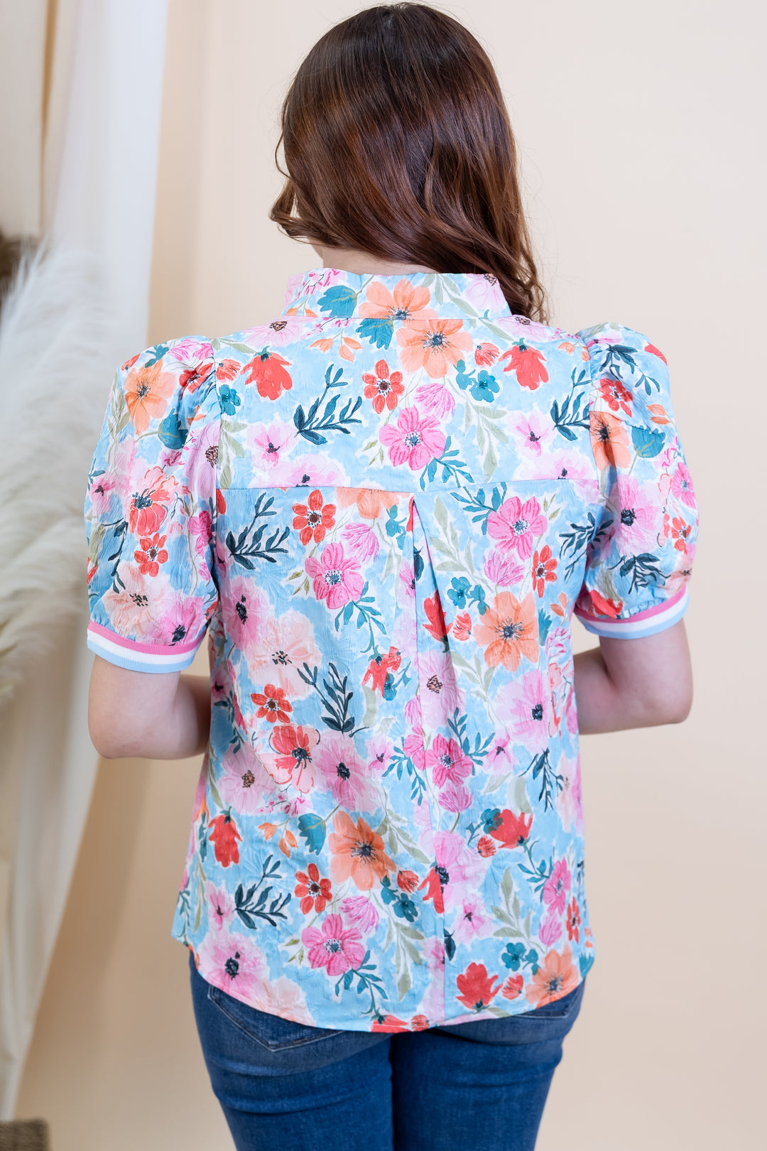 "Flower Frame" Blouse (Pink/Aqua)