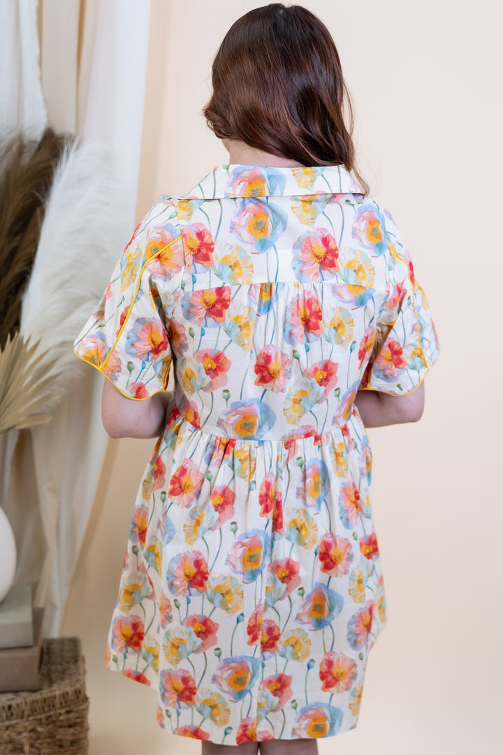 "Buttoned Blossom" Dress (Cream)