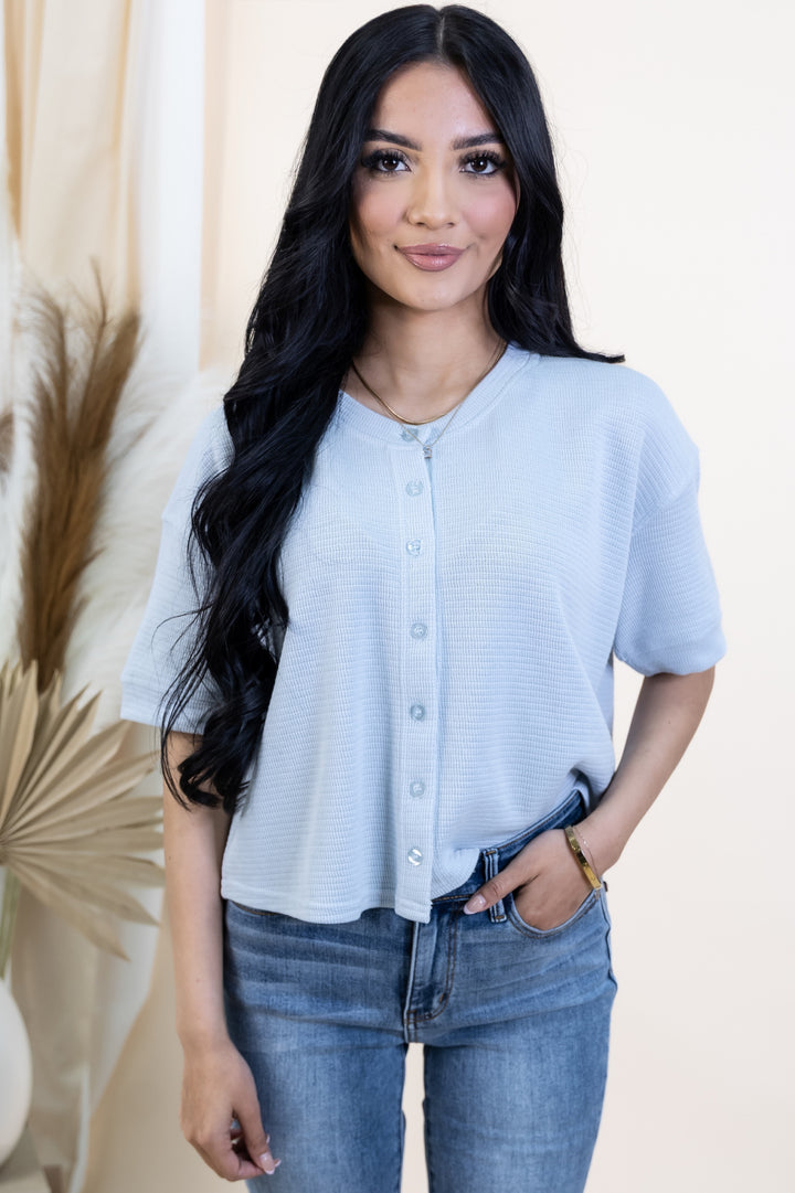 "Buttoned Beauty" Top (Light Blue)