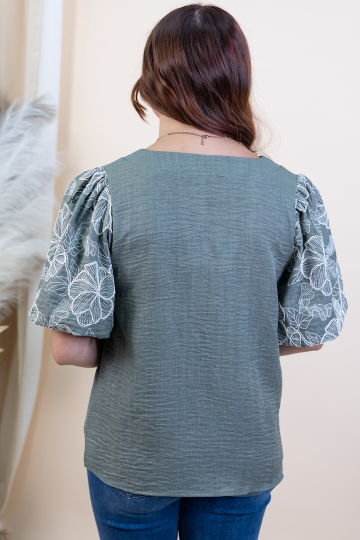 "Blooming Threads" Blouse (Olive)