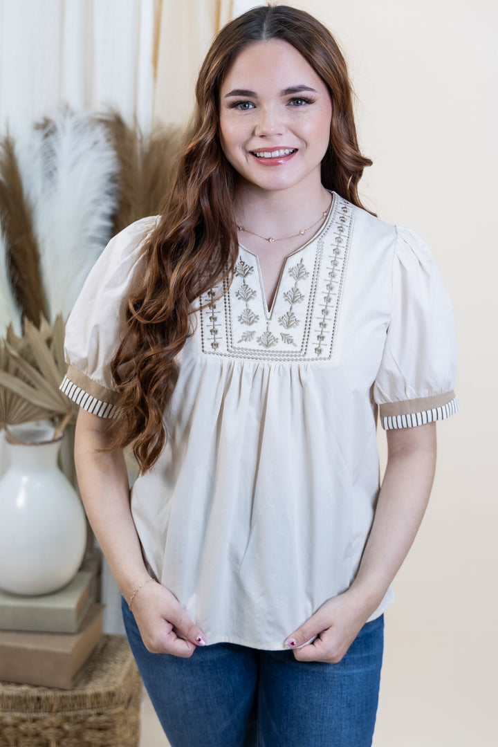 "Stitched Smiles" Blouse (Light Taupe)