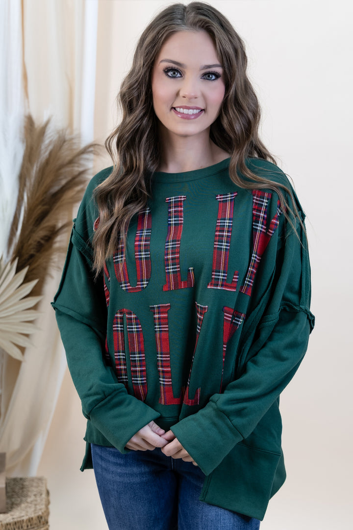 "Hollyday Cheer" Sweatshirt (Green/Red Plaid)