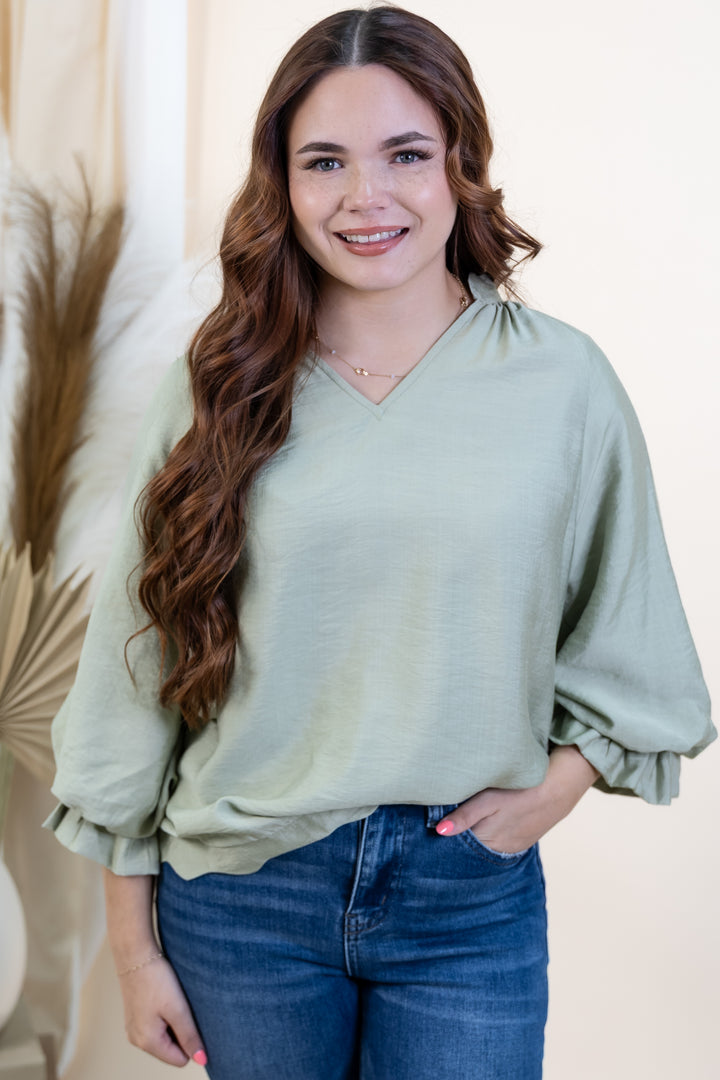 "Edge Of Elegance" Blouse (Light Sage)