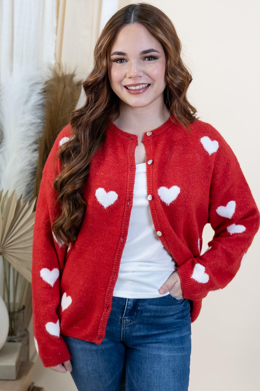 "Love Notes" Cardigan (Red/White Hearts)