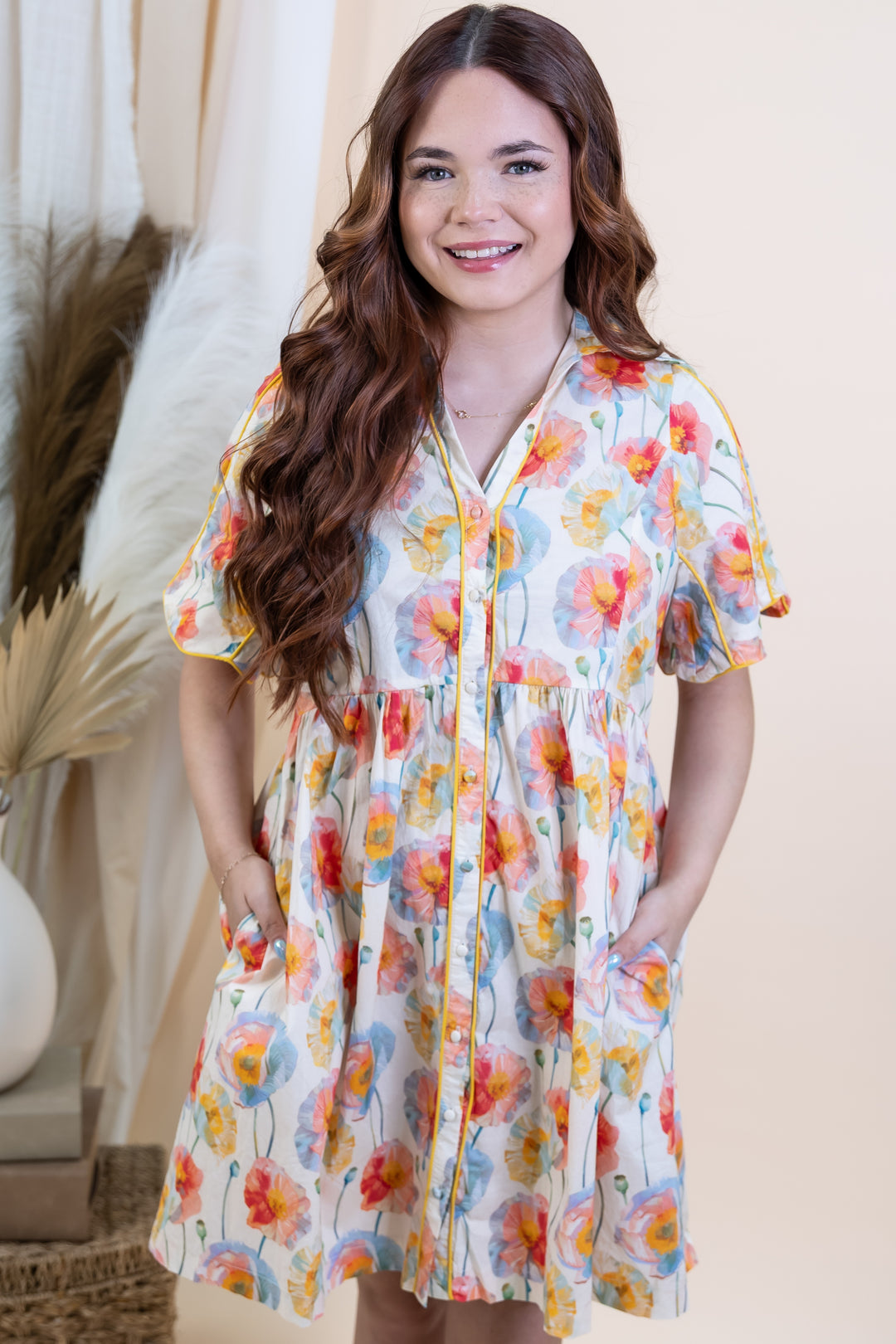 "Buttoned Blossom" Dress (Cream)