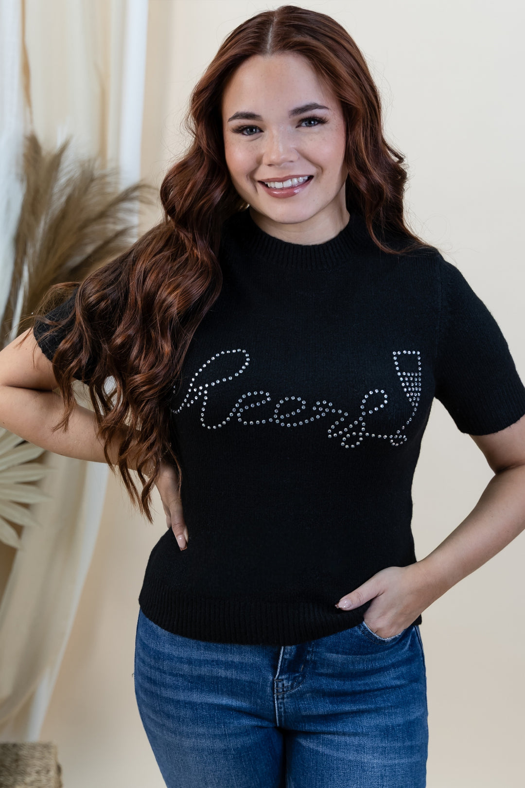 "Rhinestone Toasts" Sweater Top (Black)