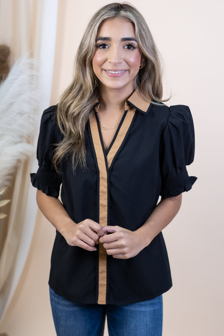 "Contrast Classic" Blouse (Black)