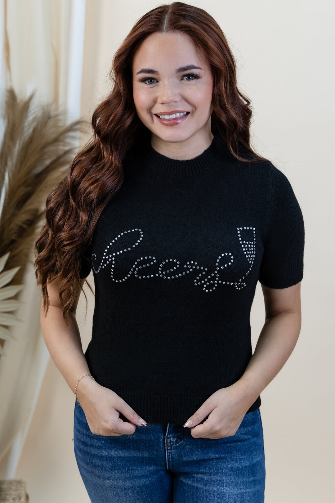 "Rhinestone Toasts" Sweater Top (Black)