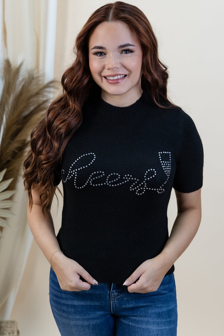 "Rhinestone Toasts" Sweater Top (Black)