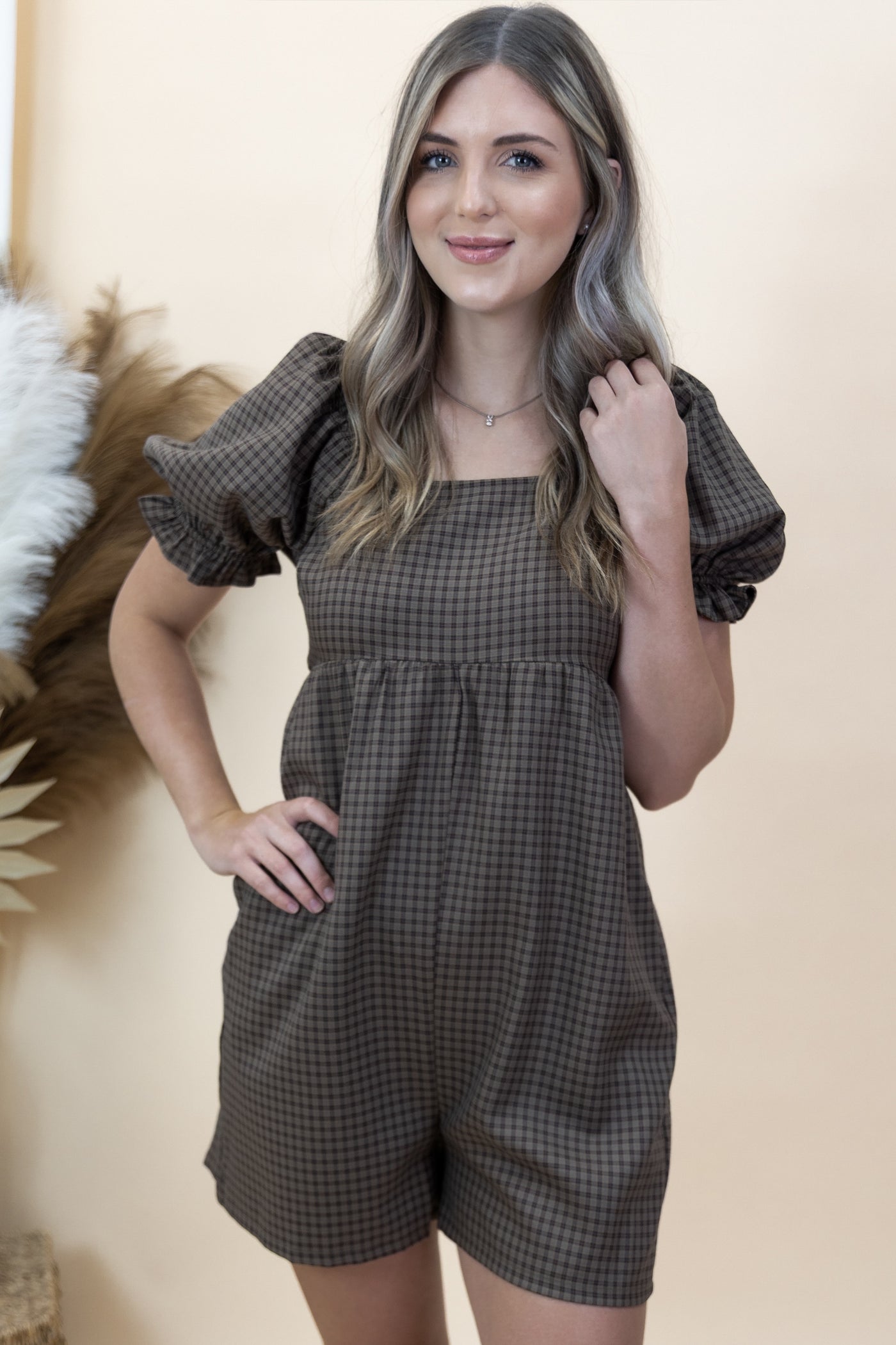 "Leave Them Speechless" Romper (Mocha/Blue)