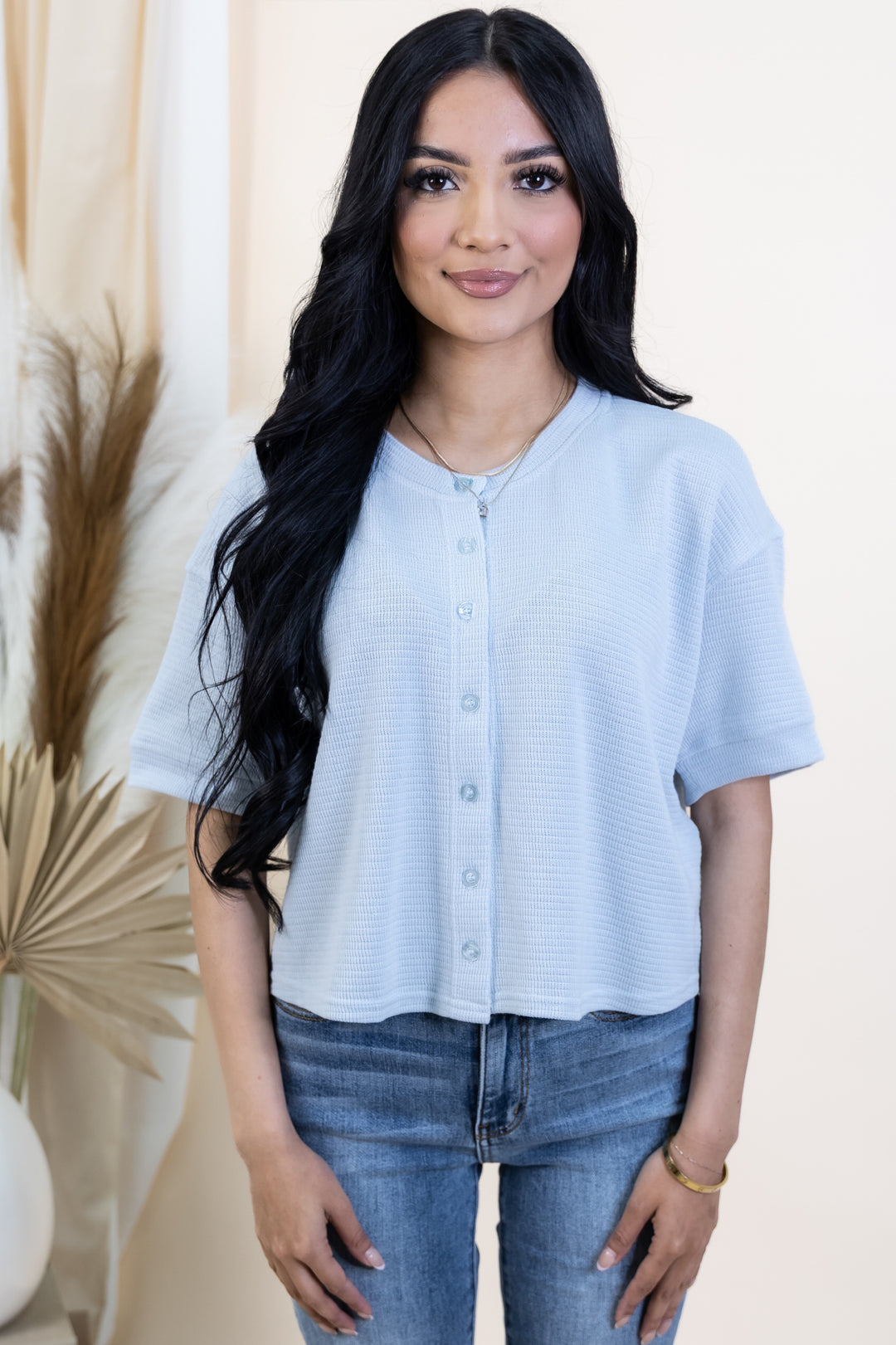 "Buttoned Beauty" Top (Light Blue)