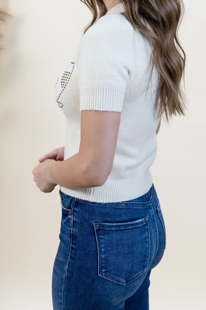 "Rhinestone Toasts" Sweater Top (Cream)