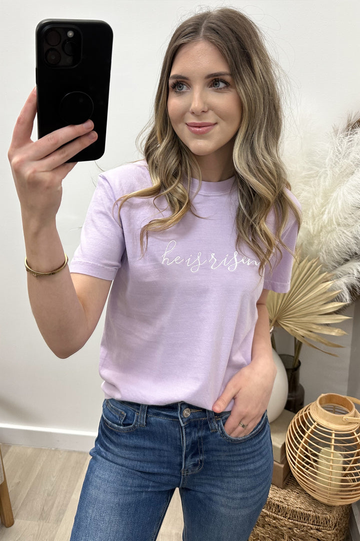 "He Is Risen" Graphic Tee (White/Purple)