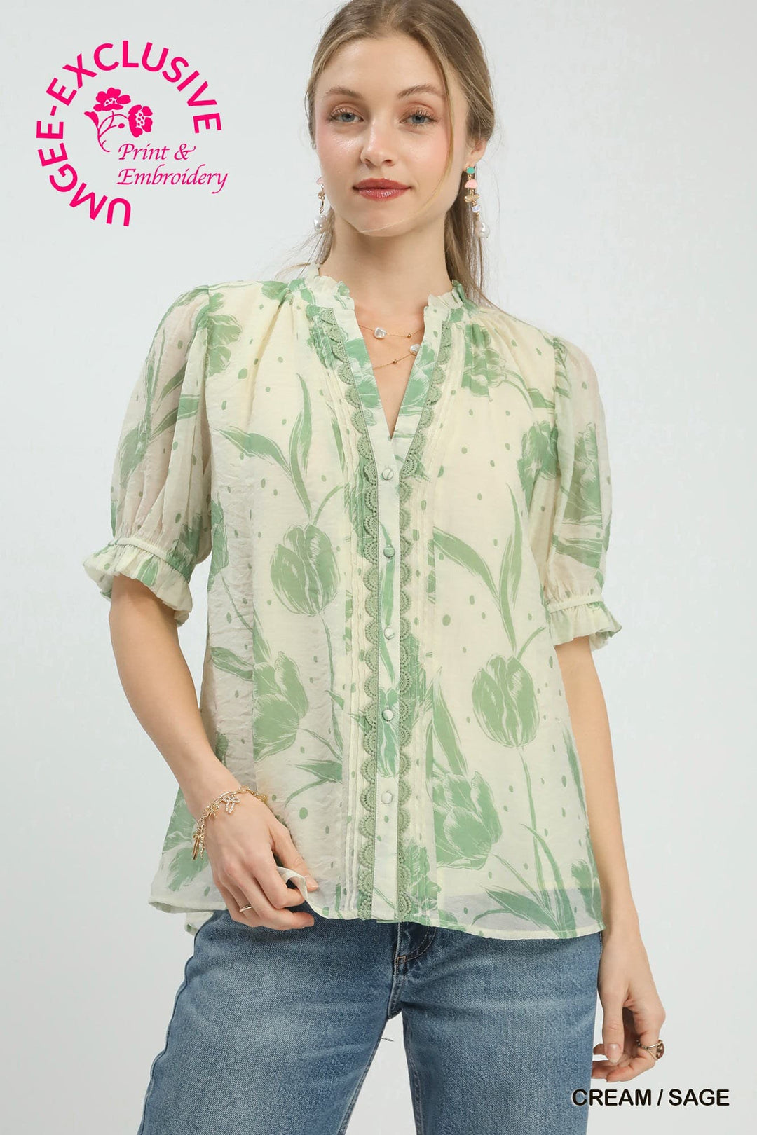 "Cottage Charm" Blouse (Cream/Sage)