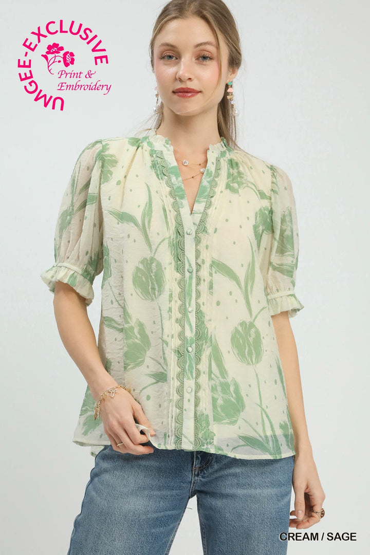 "Cottage Charm" Blouse (Cream/Sage)