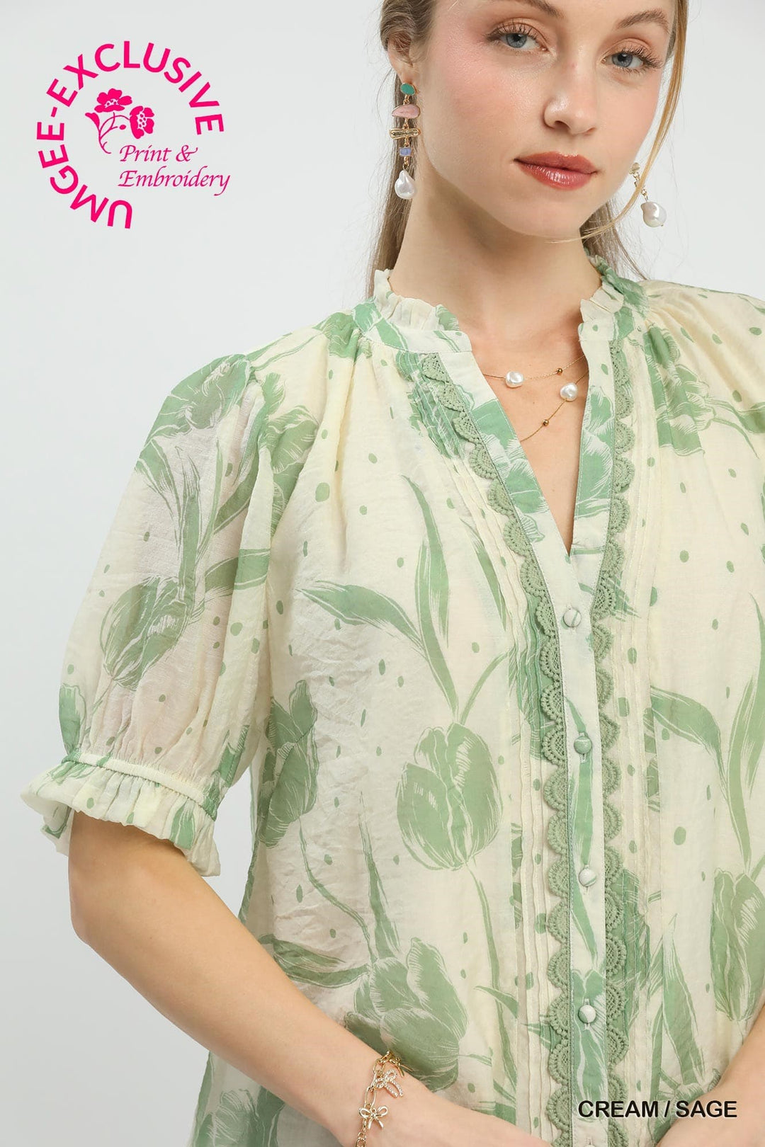 "Cottage Charm" Blouse (Cream/Sage)