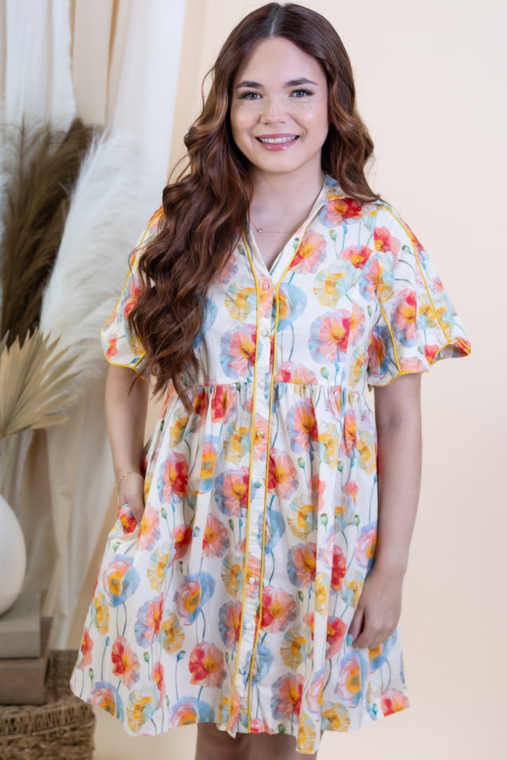 "Buttoned Blossom" Dress (Cream)