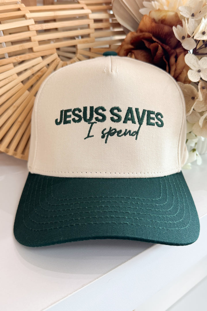 Jesus Saves I Spend Trucker Hat (Green/Natural)