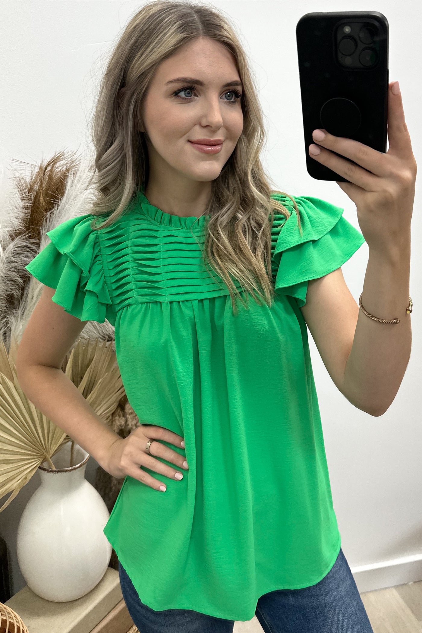 "Pleated Charm" Blouse (Green)