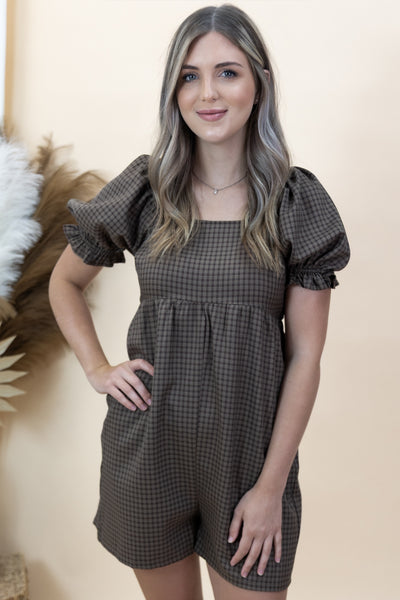 "Leave Them Speechless" Romper (Mocha/Blue)