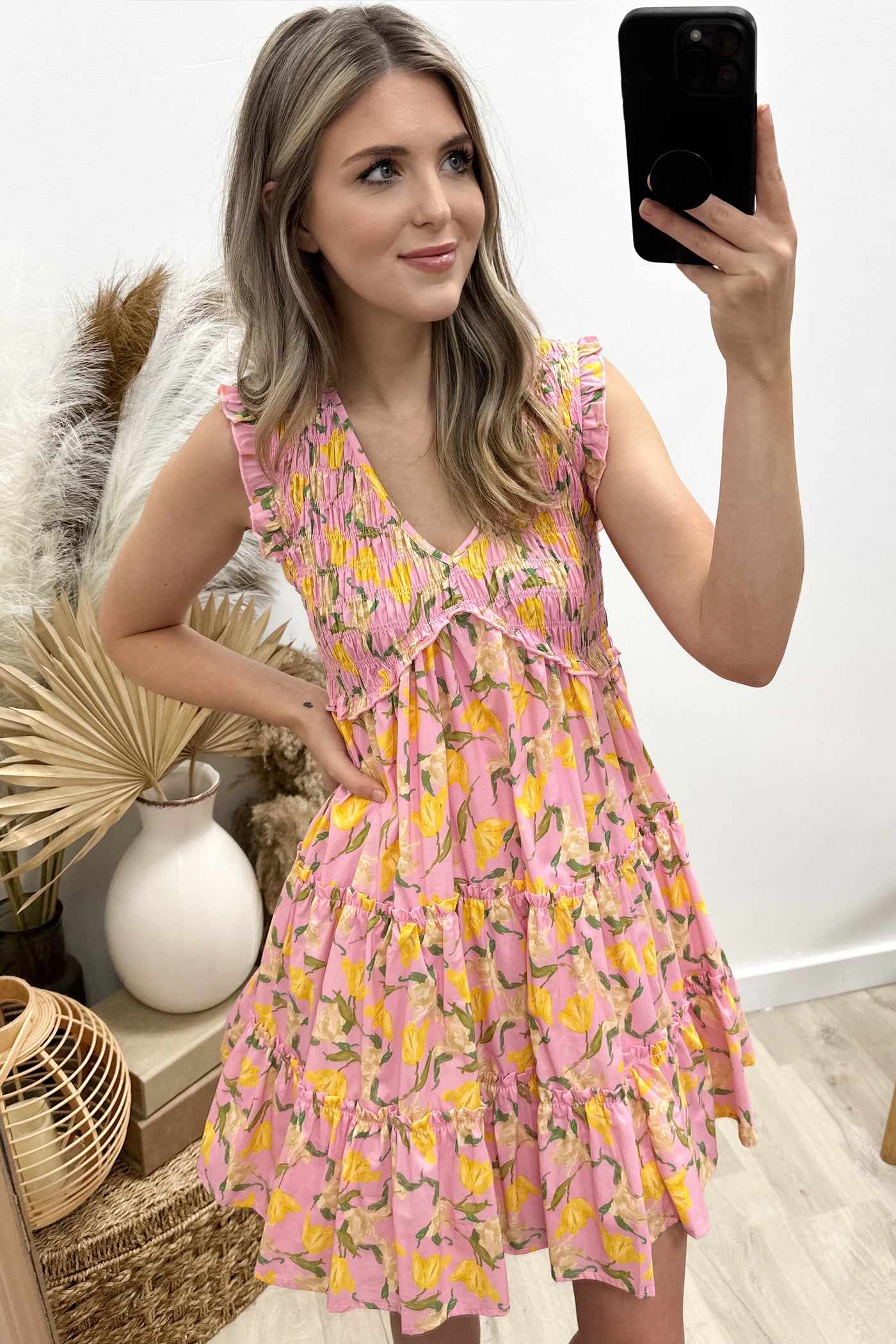 "Smocked Sunshine" Dress (Pink/Yellow)