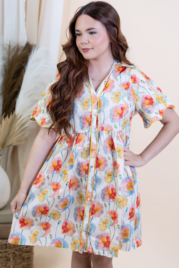 "Buttoned Blossom" Dress (Cream)
