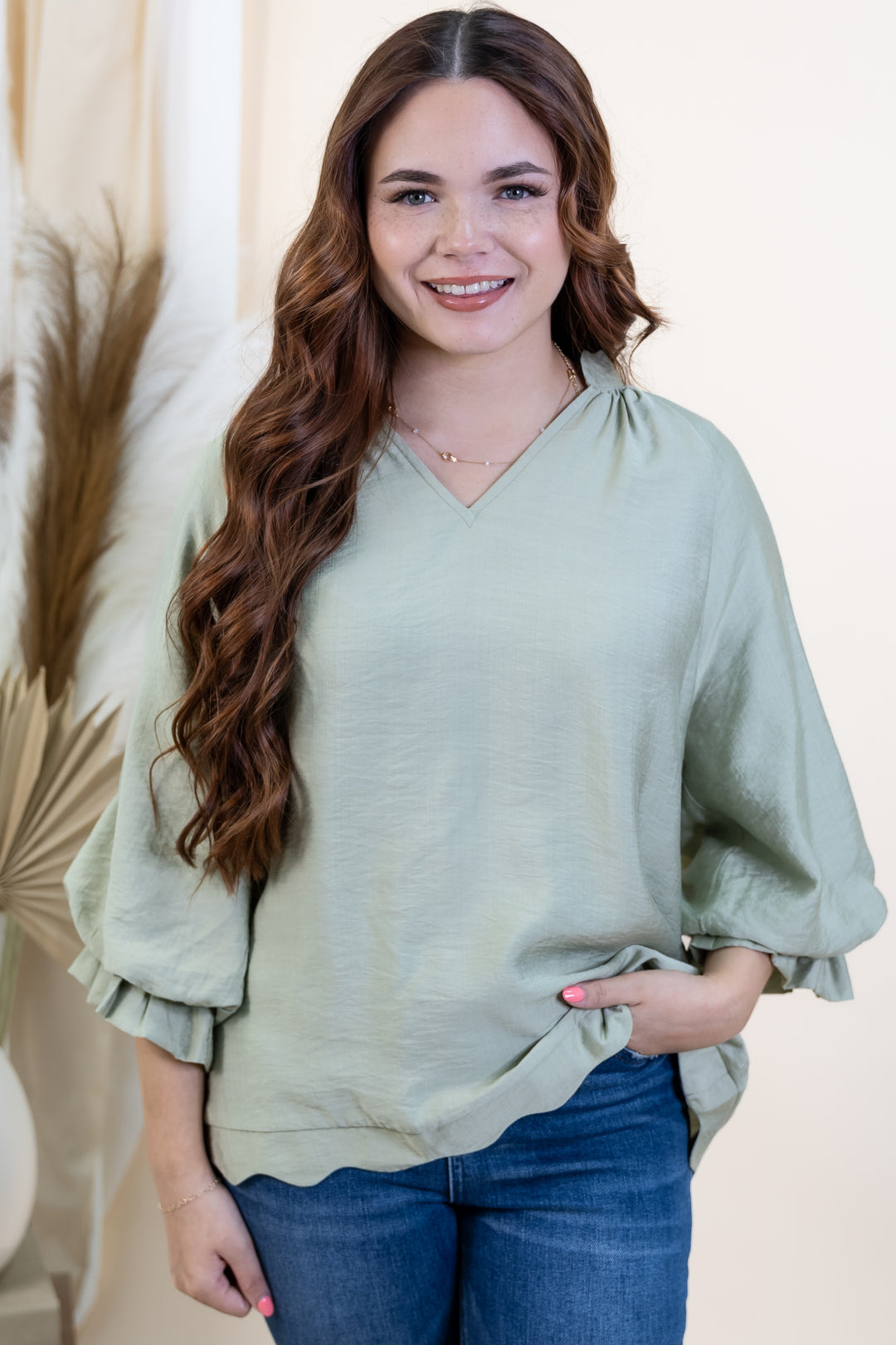 "Edge Of Elegance" Blouse (Light Sage)
