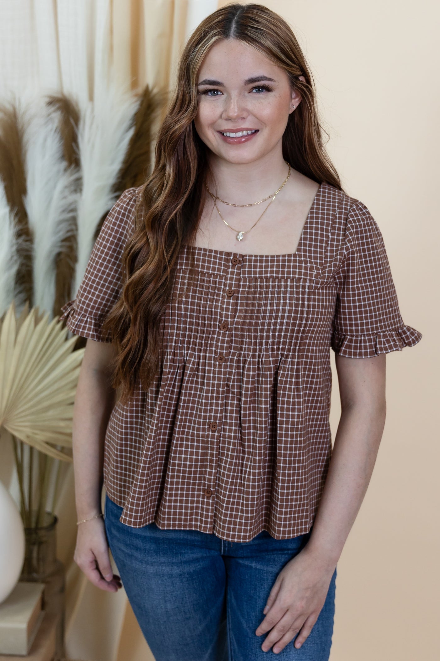 "Playful Plaid" Blouse (Brown/Cream)