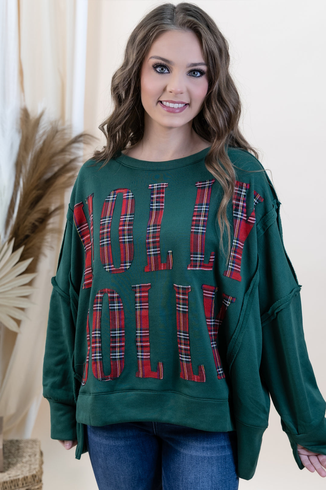 "Hollyday Cheer" Sweatshirt (Green/Red Plaid)