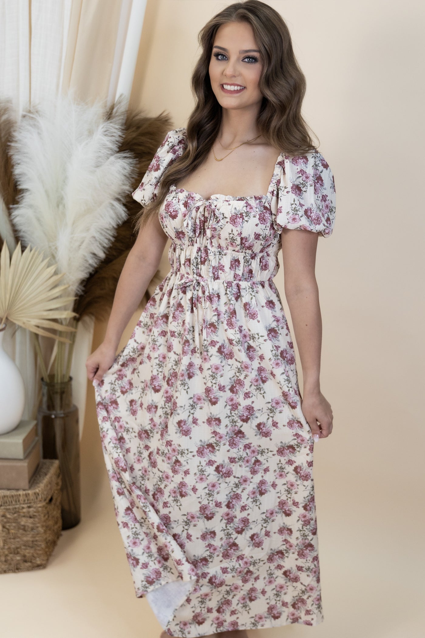 "Let's Go Places" Dress (Cream/Mauve Floral)