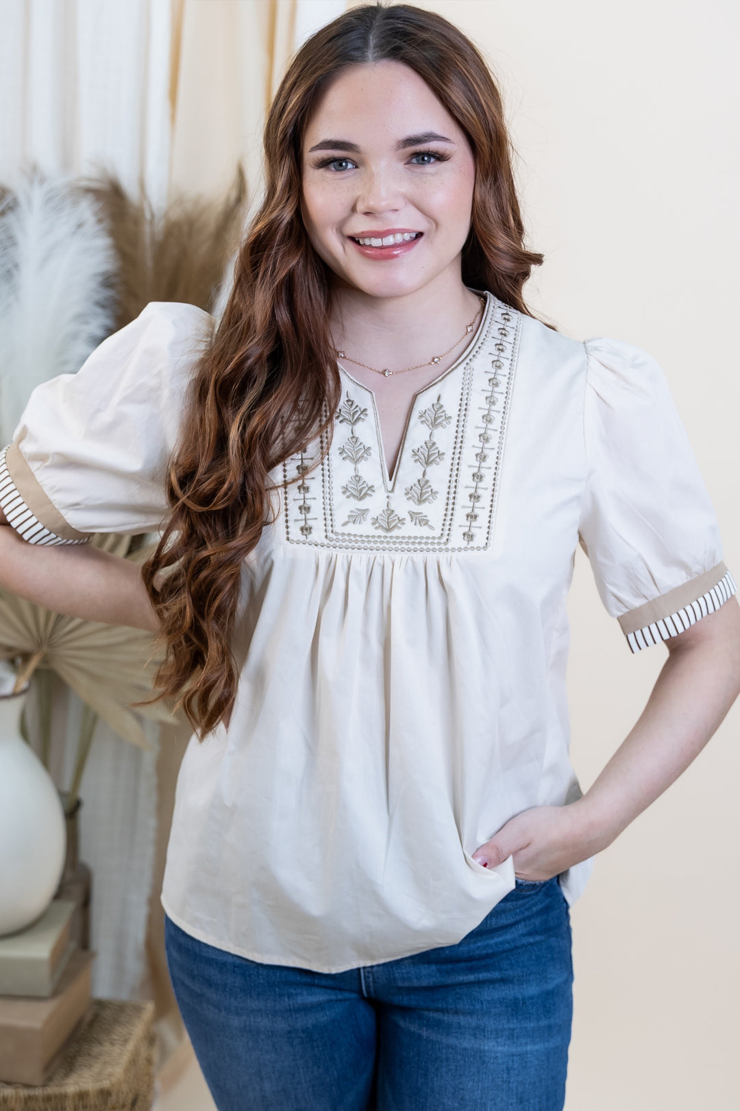 "Stitched Smiles" Blouse (Light Taupe)