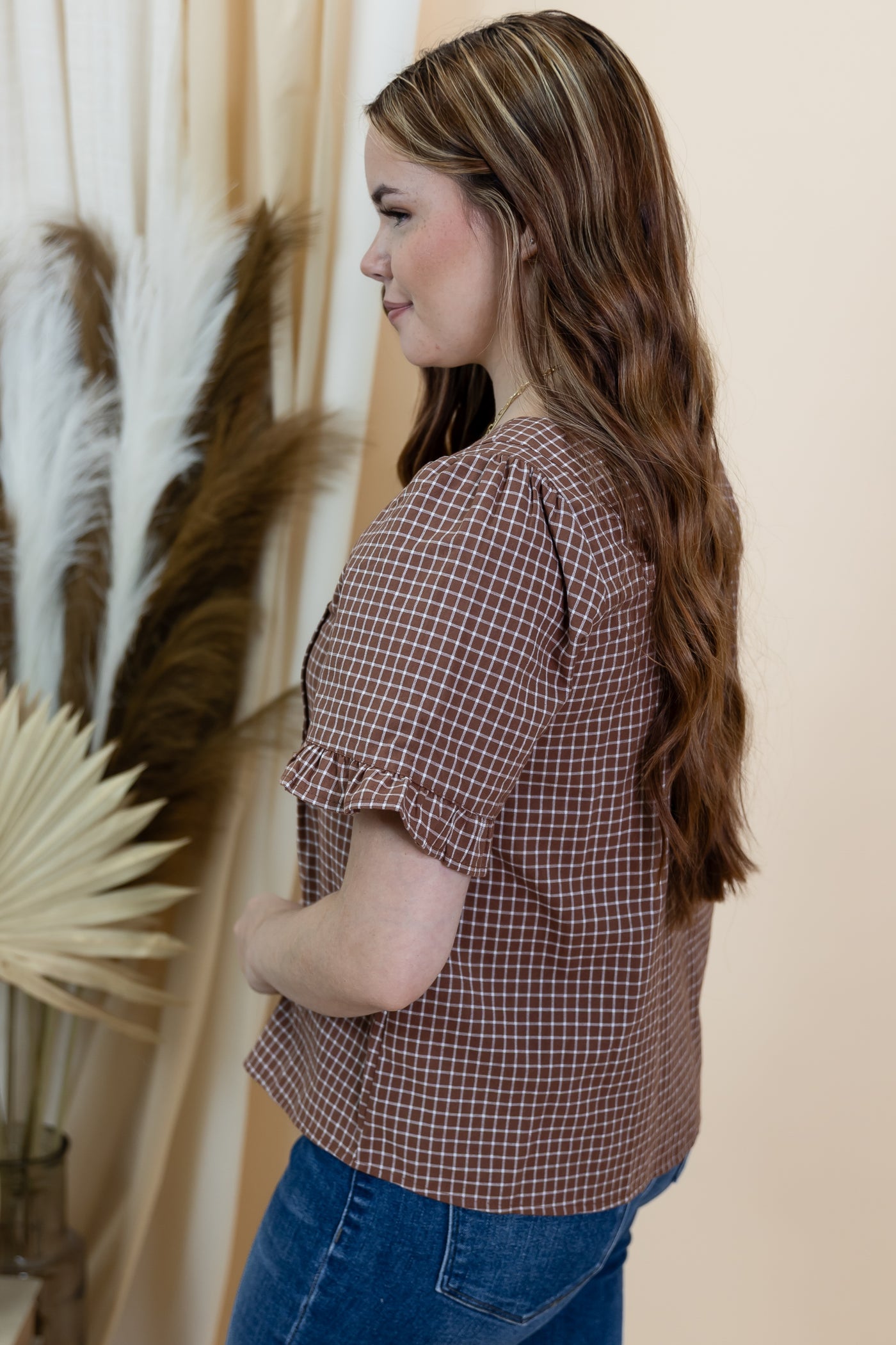 "Playful Plaid" Blouse (Brown/Cream)