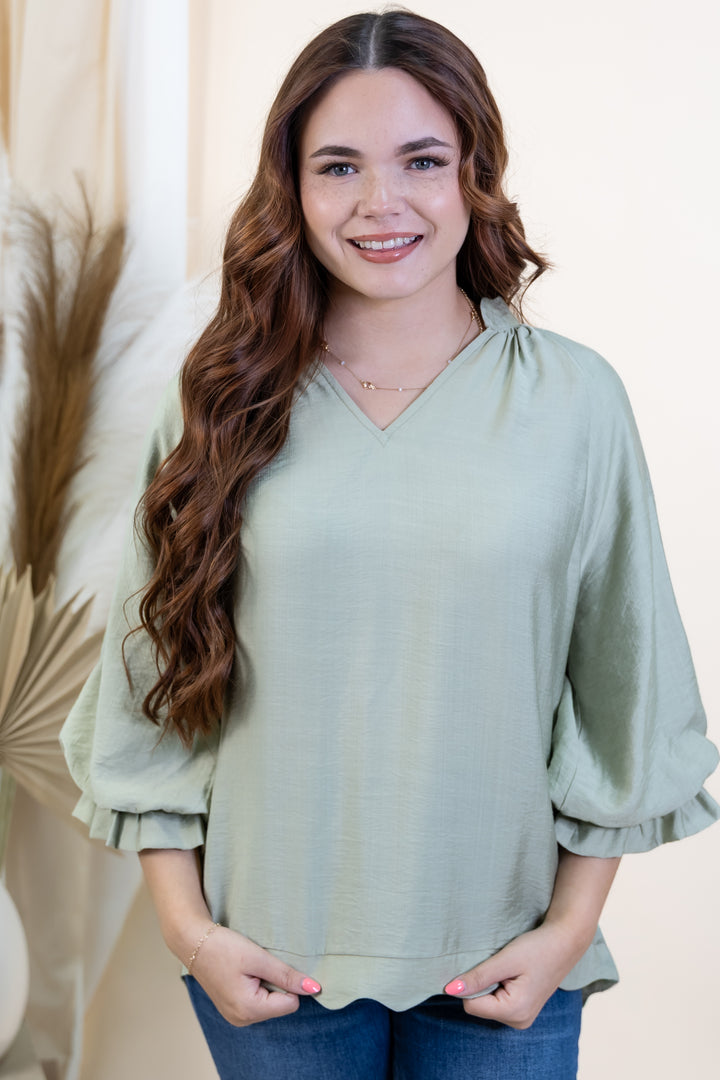 "Edge Of Elegance" Blouse (Light Sage)