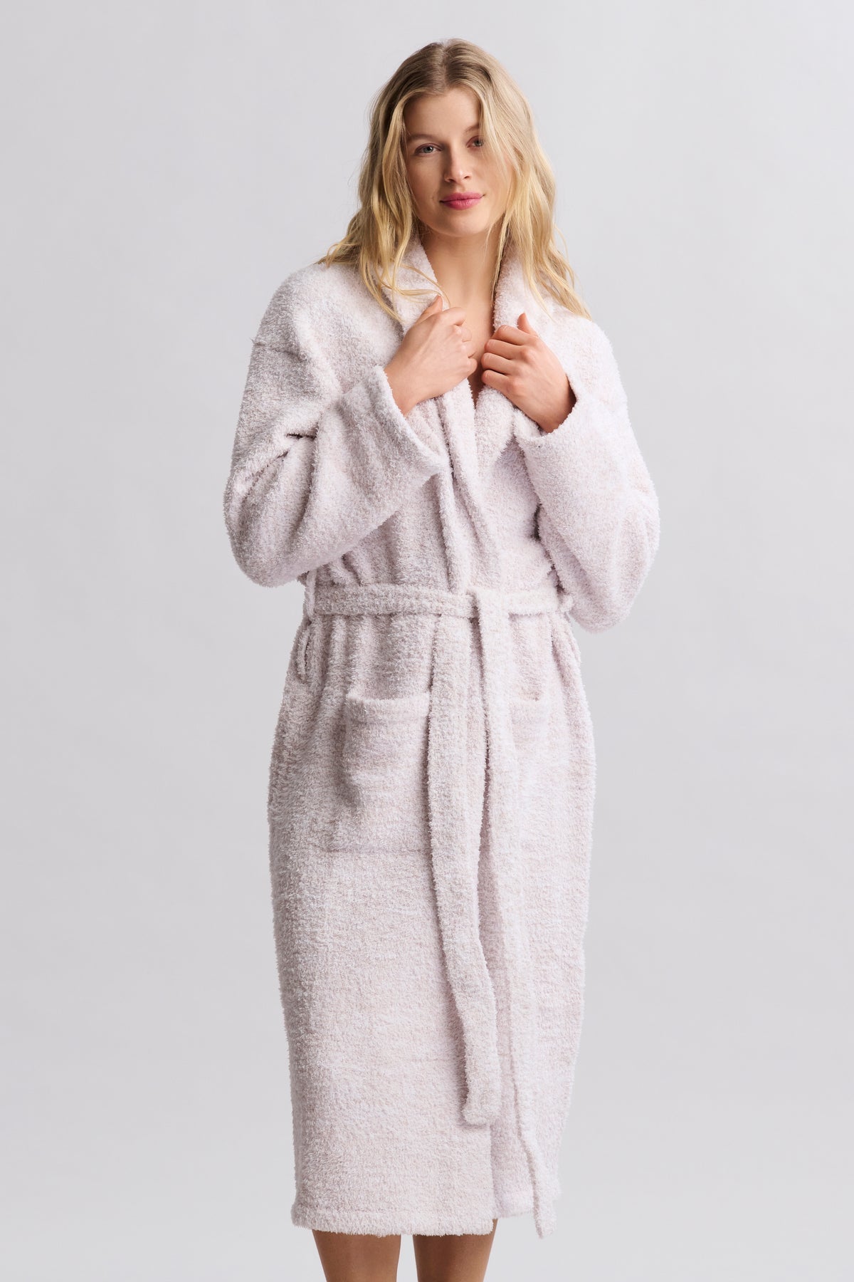 Barefoot Dreams Cozy Chic Robe (Heathered Stone/ White)