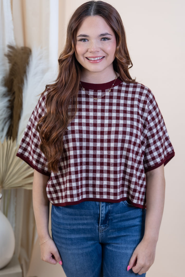 "Check Me Out" Top (Burgundy)
