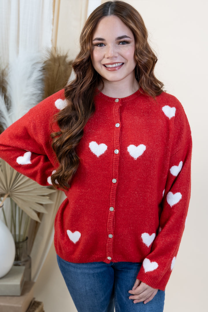 "Love Notes" Cardigan (Red/White Hearts)