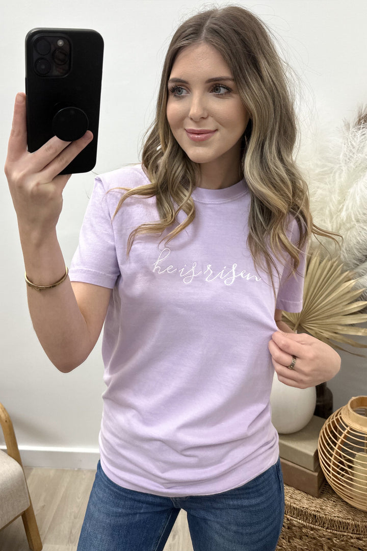 "He Is Risen" Graphic Tee (White/Purple)