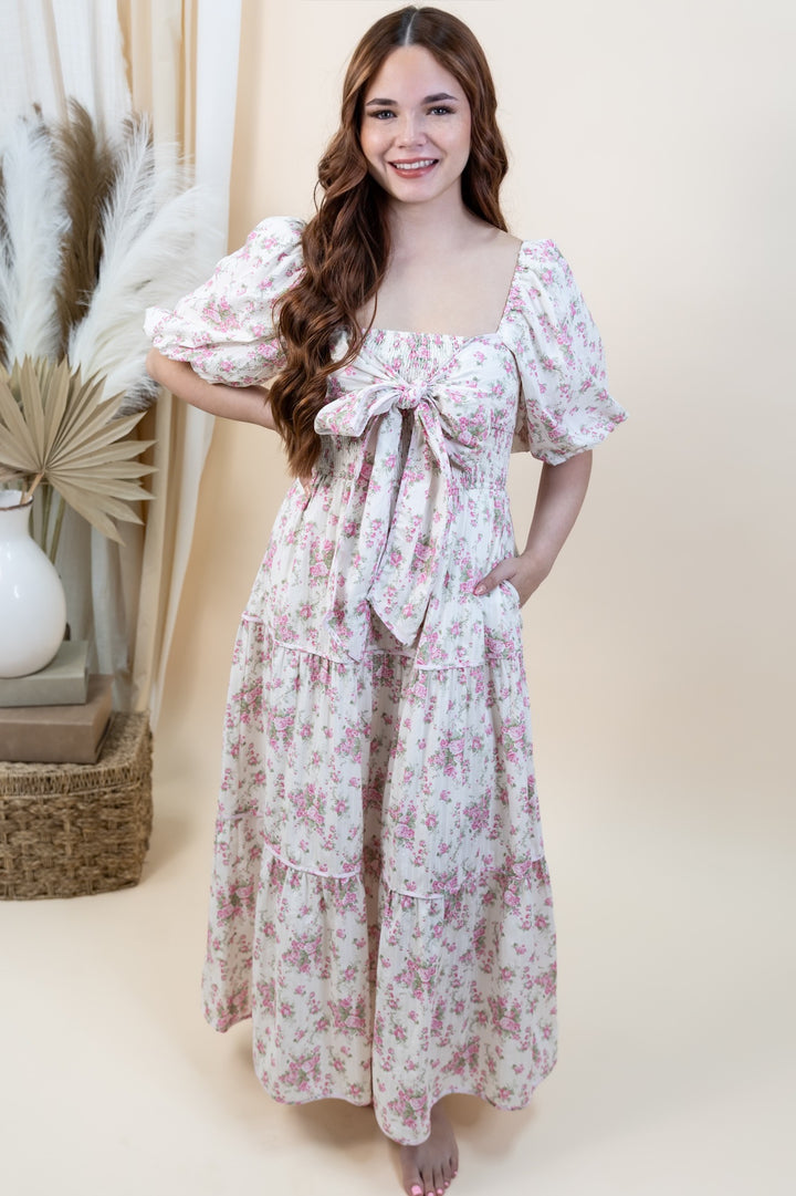 "Front & Center" Dress (Off White/Pink)