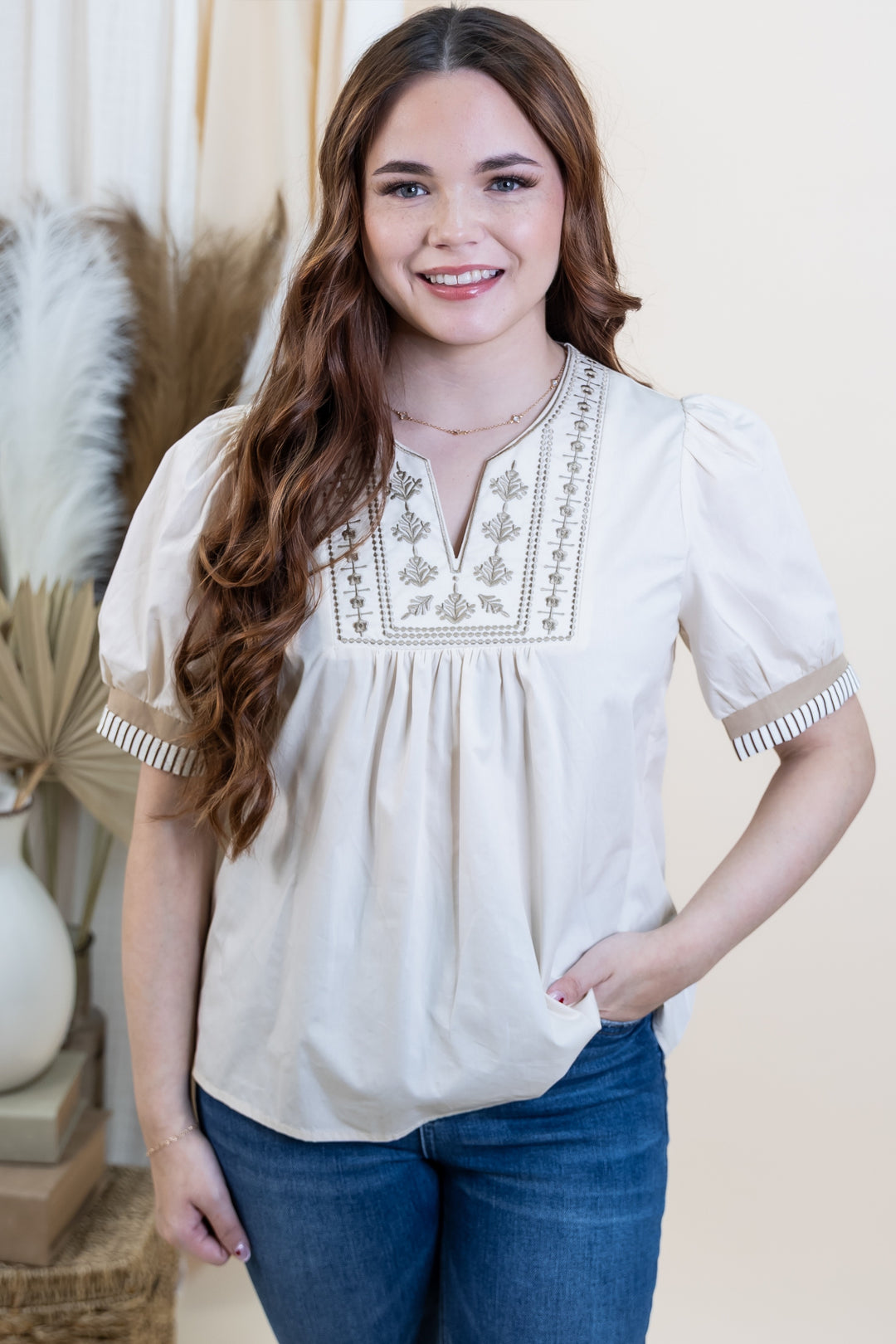 "Stitched Smiles" Blouse (Light Taupe)