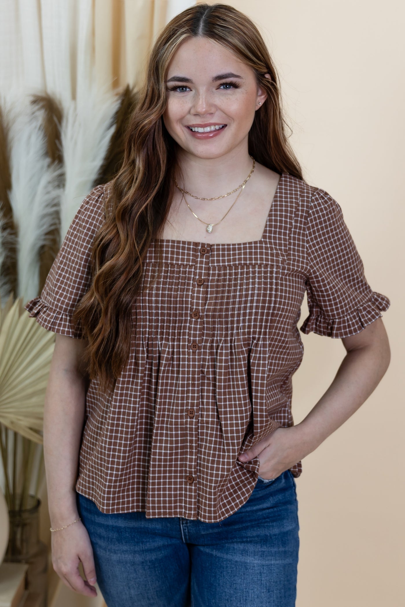 "Playful Plaid" Blouse (Brown/Cream)