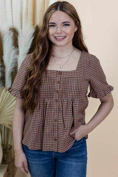 "Playful Plaid" Blouse (Brown/Cream)