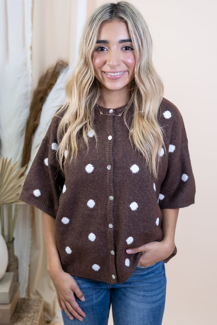 "Spotted In Style" Cardigan (Brown/White Dot)
