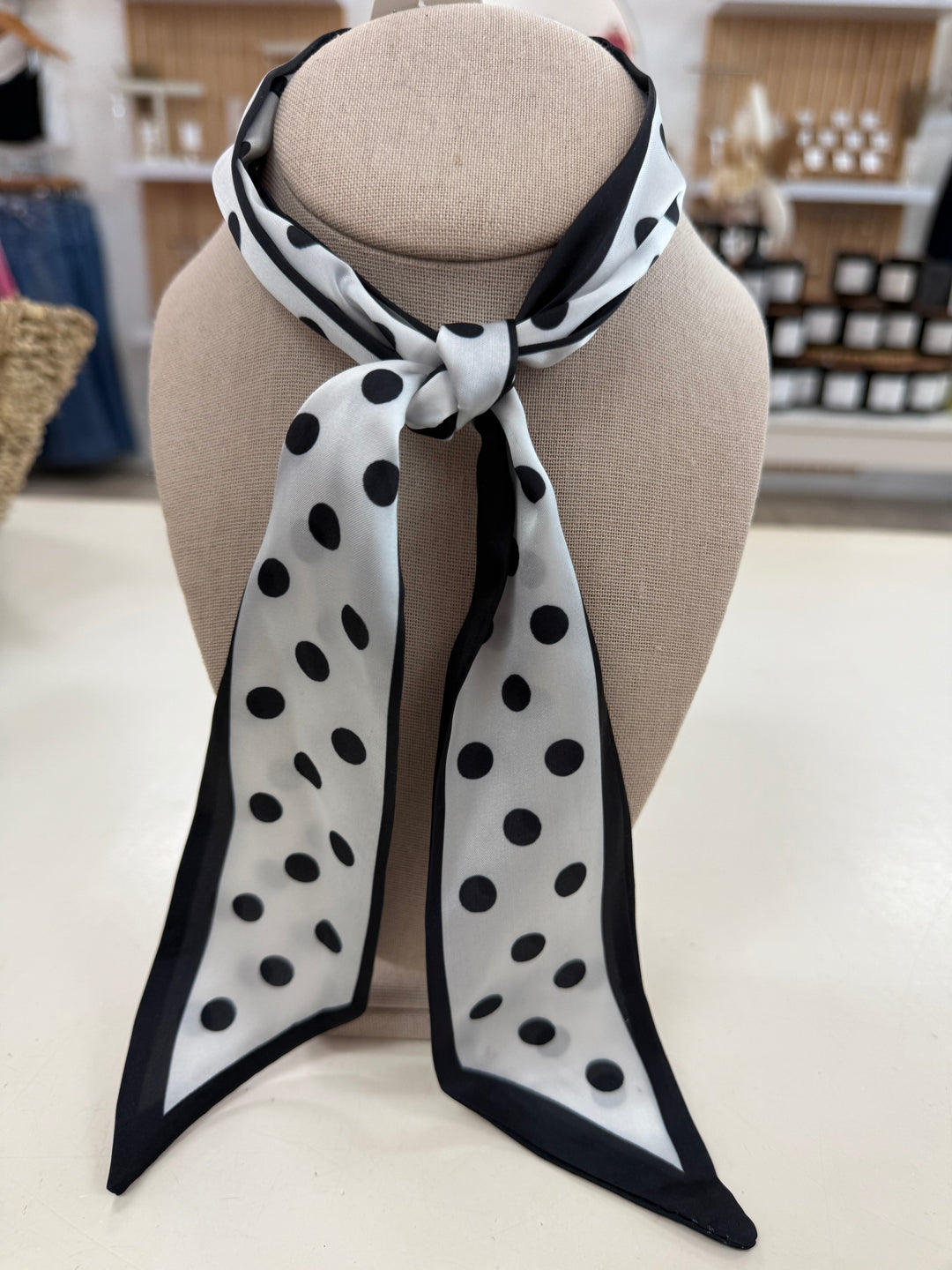 Skinny Scarf (White/Black Polka Dot )