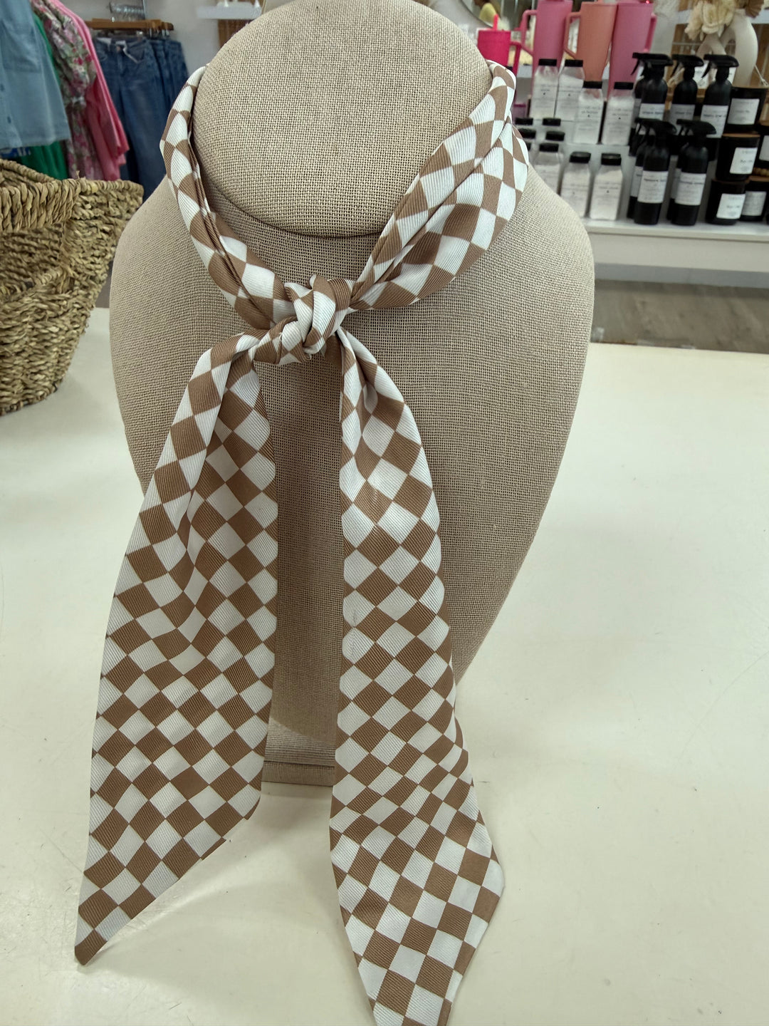 Skinny Scarf (White /Tan Checkered)