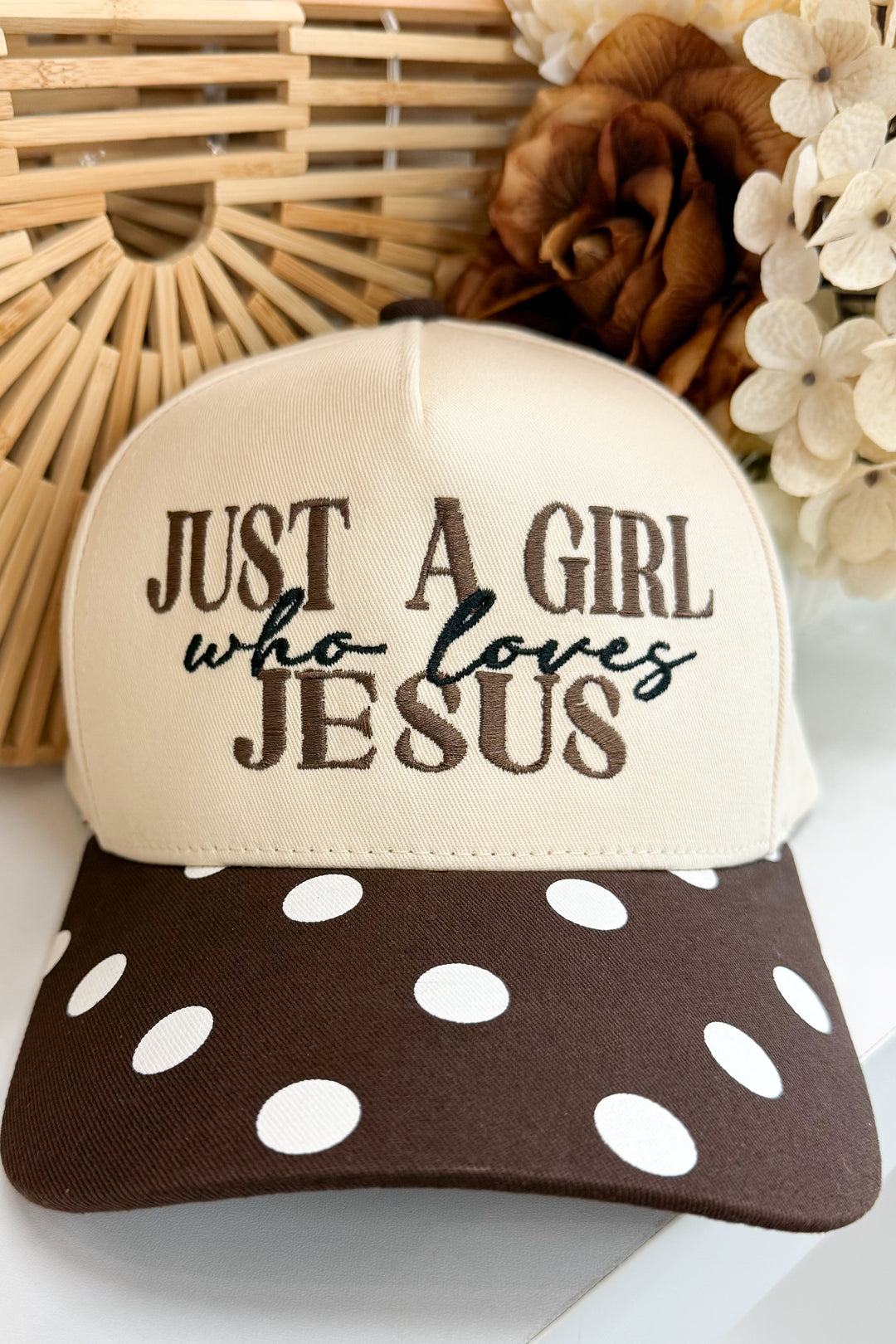 A Girl Who Loves Jesus Trucker Hat (Brown Polka Dot)