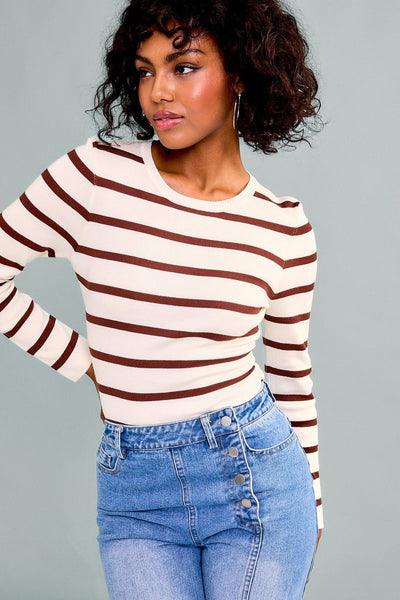 "Across The Way" Bodysuit (Cream/Brown Stripe) - Happily Ever Aften