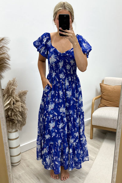 "Beautiful Blossoms" Maxi Dress (Bright Blue) - Happily Ever Aften