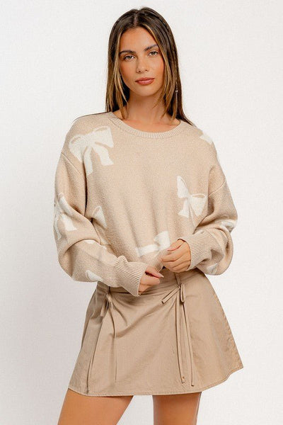 "Bow So Cute" Sweater (Beige) - Happily Ever Aften